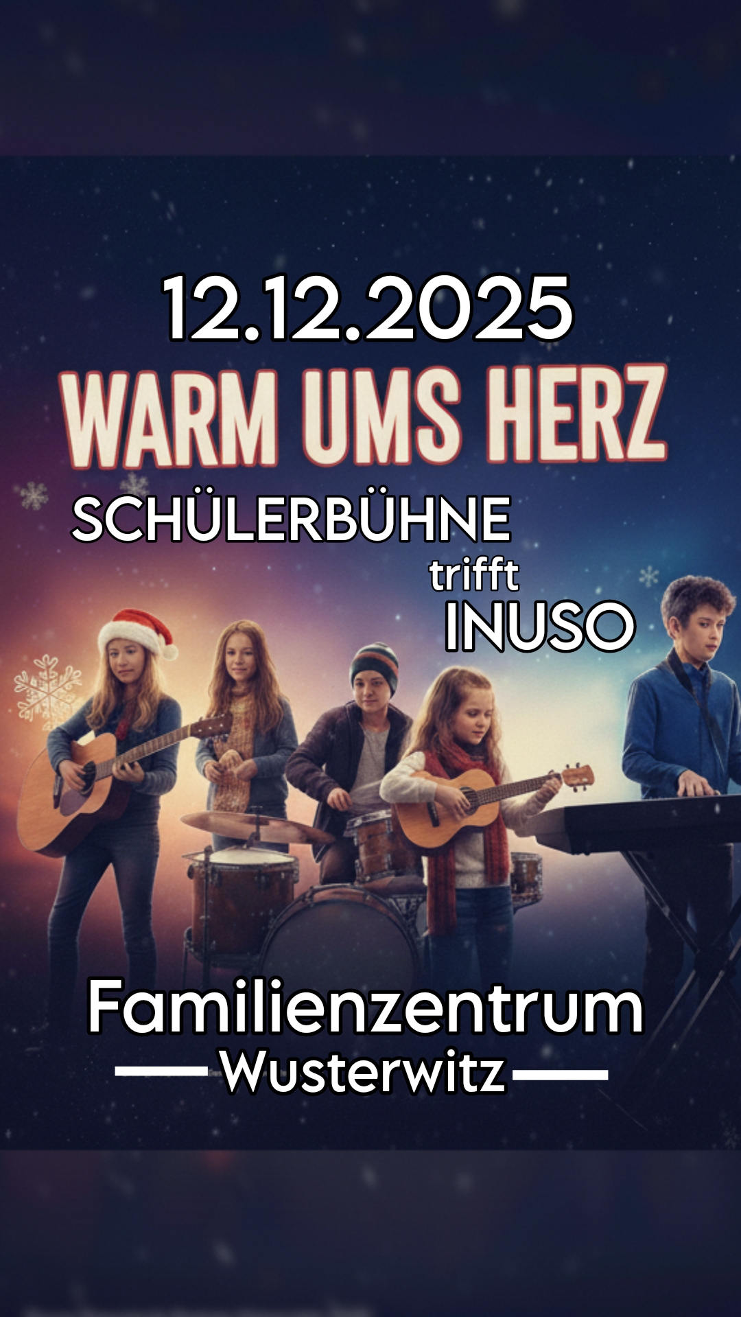 Bild mit Kindern und instrumentenankündigung eines Konzerts auf einer fiktiven Bühne