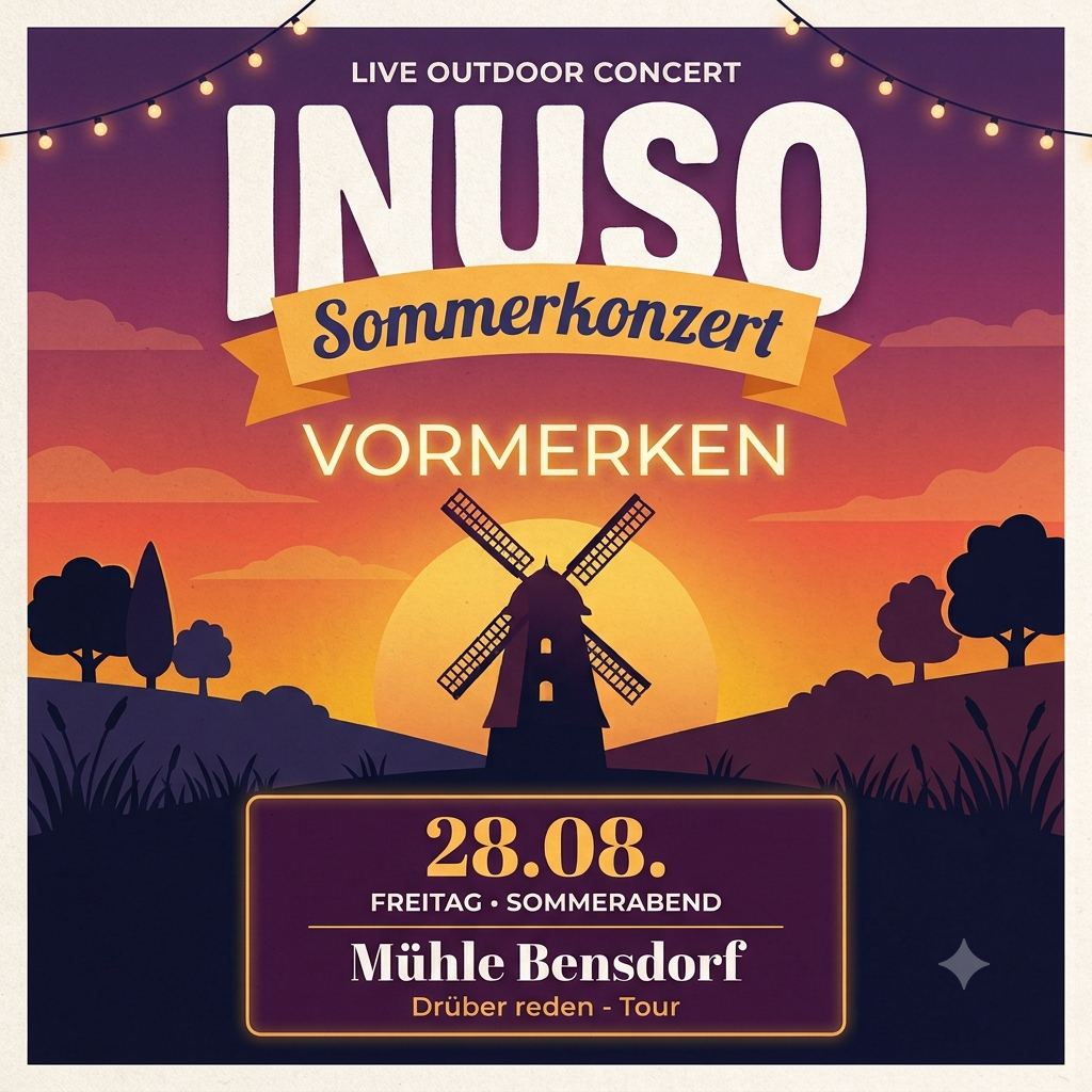 Eine Mühle vor einem Sonnenuntergang Ankündigung für Konzert
