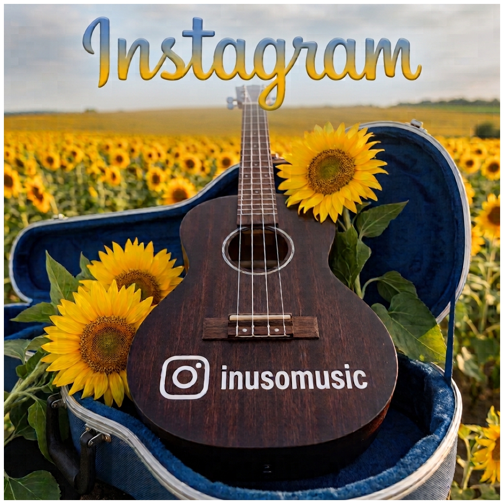 Sonnenblumenwiese mit Ukulele und Instagram Logo