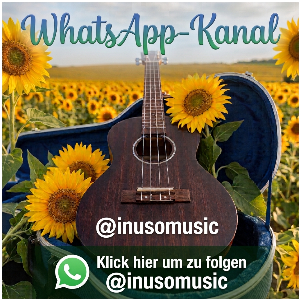 Ukulele auf Sonnenblumenfeld und mit Whatsapp Logo drauf Zur Weiterleitung des Kanals